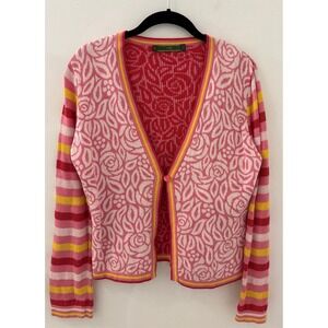 Oilily Womens Sweater Cardigan Pink Rose Stripe Knit Long Sleeve Size L 90's Y2k